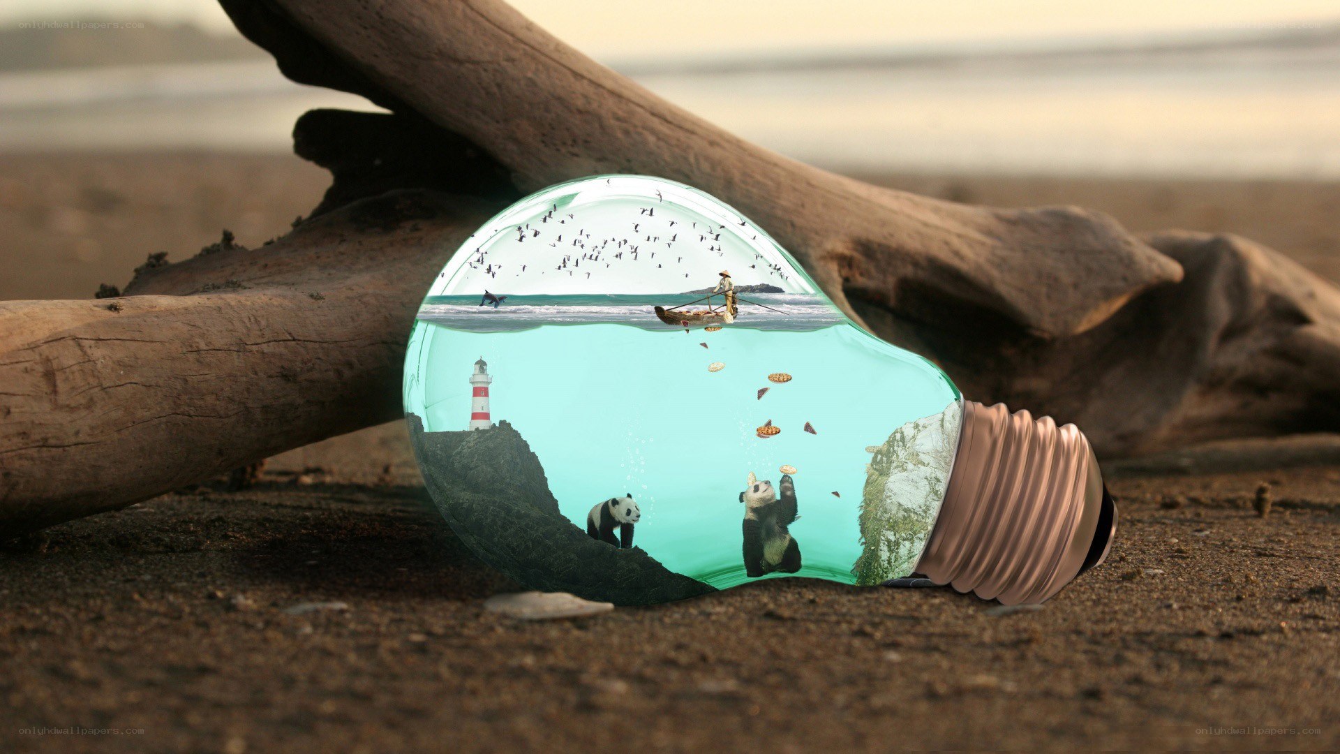 Panda scene in a light bulb