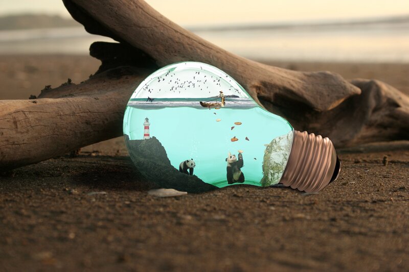 Panda scene in a light bulb