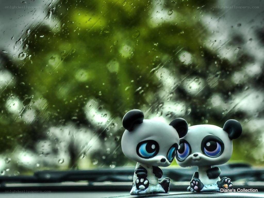 Panda toys in the rain