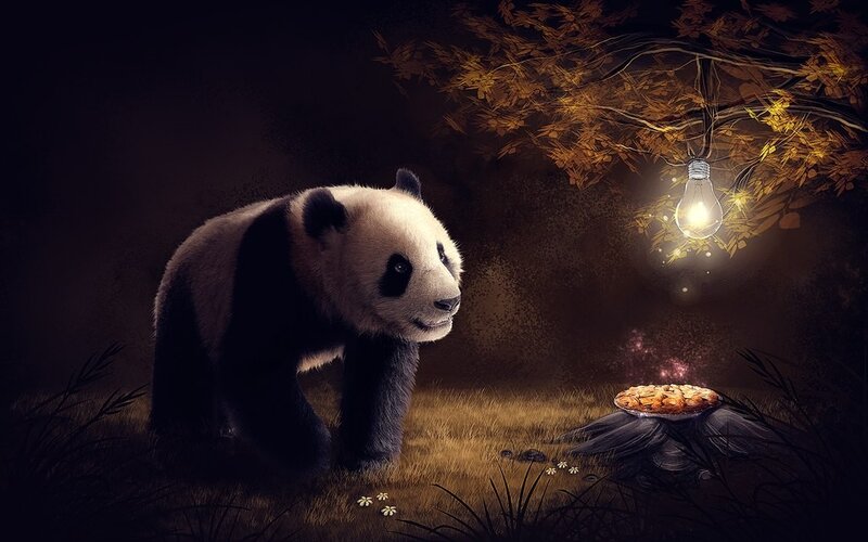Panda under a glowing light bulb