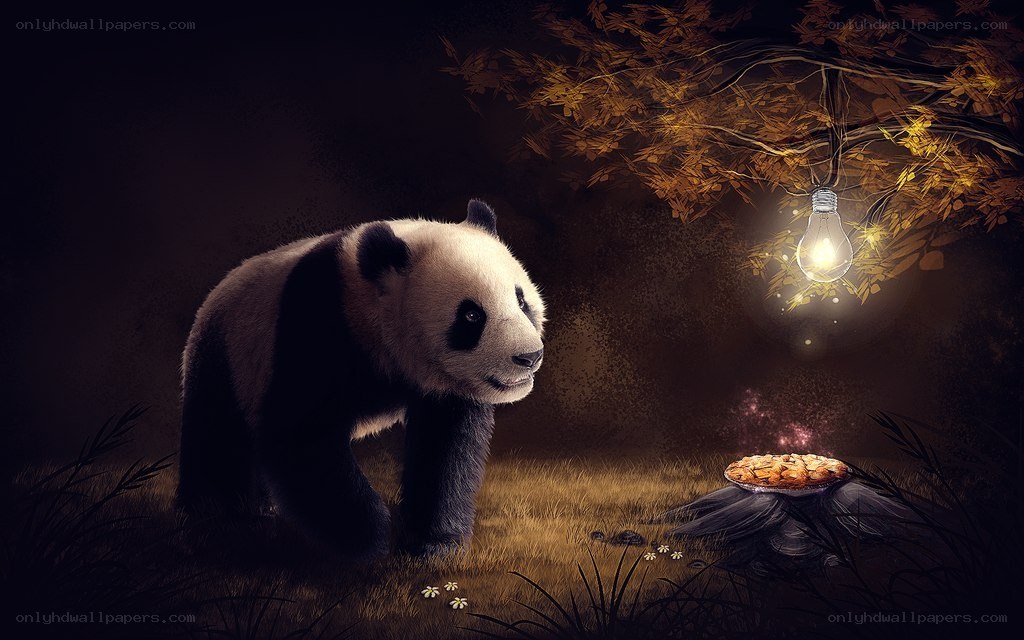 Panda under a glowing light bulb