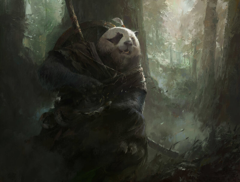 Panda Warrior in Forest — Green, Dramatic, Digital Art, Backpack