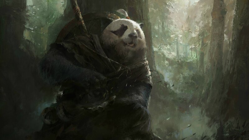 Panda Warrior in Forest — Green, Dramatic, Digital Art