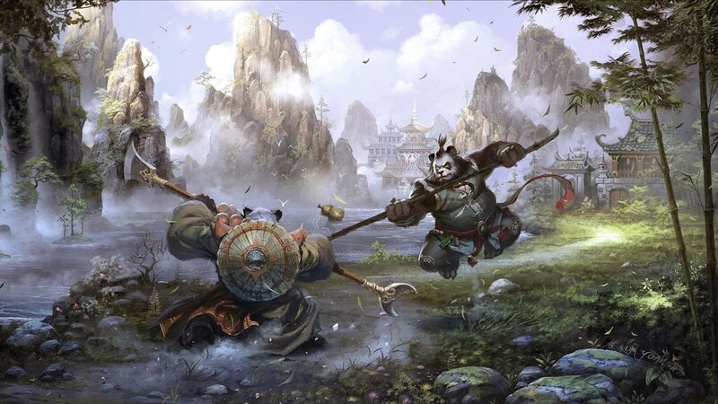 Panda Warriors Fighting — Green, Dramatic, Afternoon, Digital Art