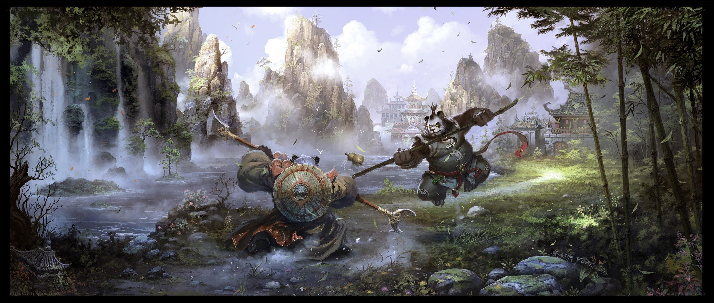 Panda warriors in a forest battle