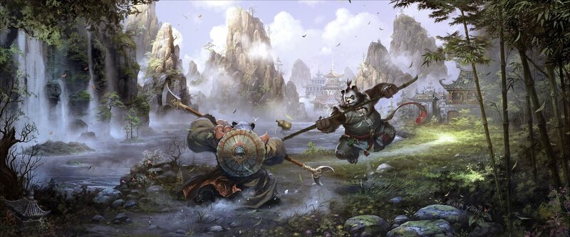 Panda warriors in a mountain valley