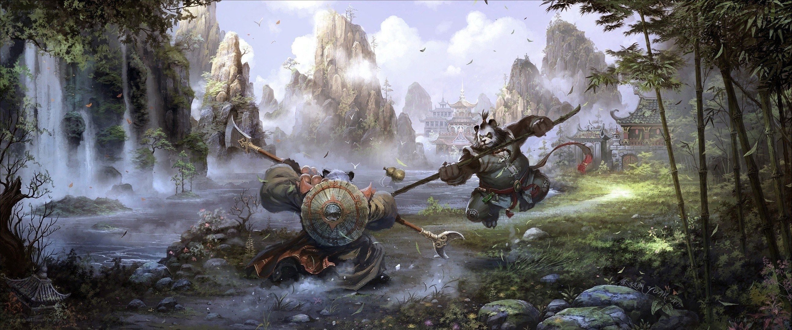 Panda warriors in a mountain valley