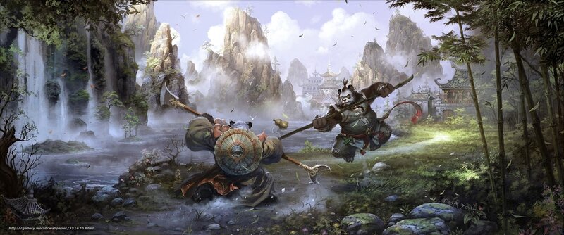 Panda warriors in a mountain valley