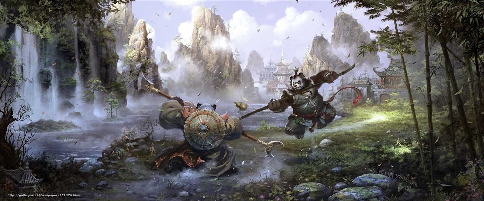 Panda warriors in a mountain valley