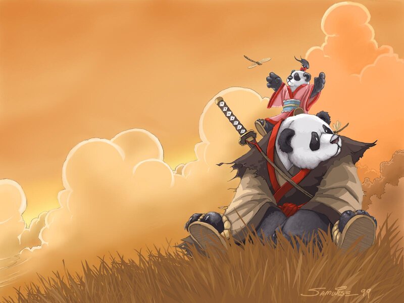 Panda warriors in sunset