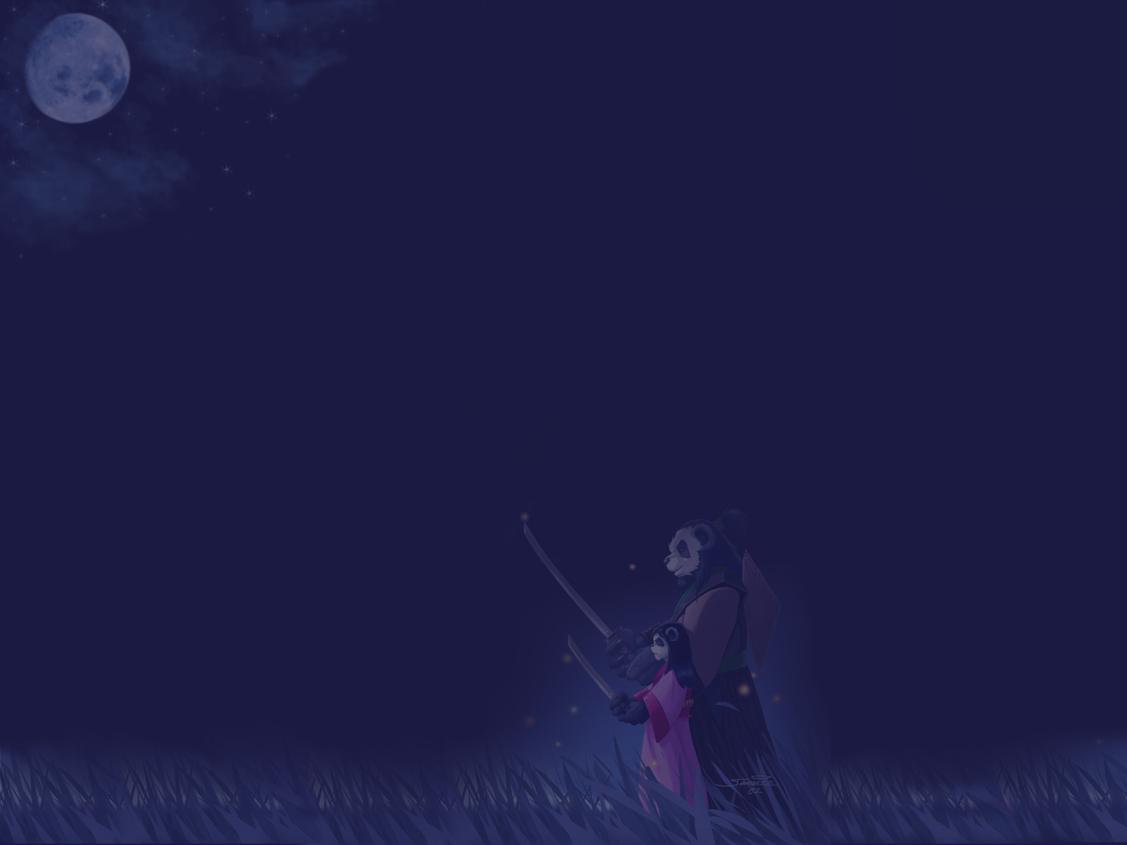 Panda warriors under the moon