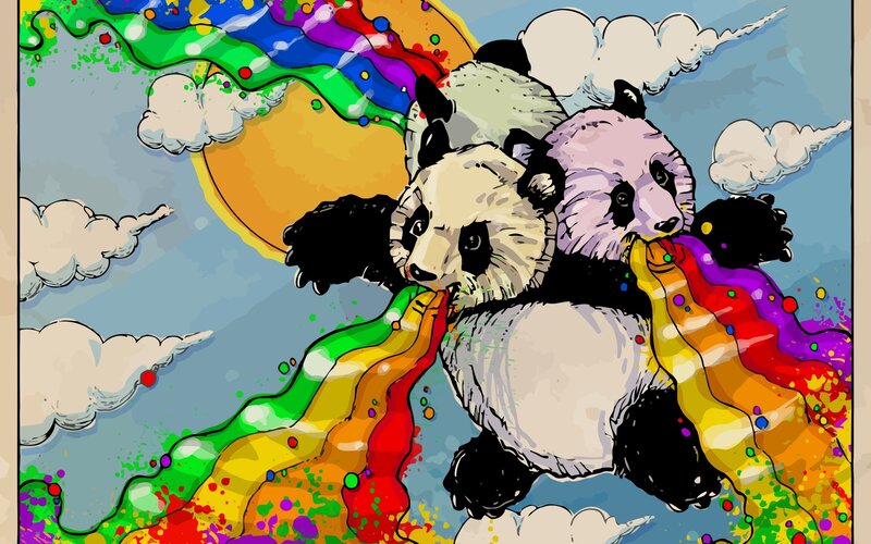 Pandas in a rainbow sky