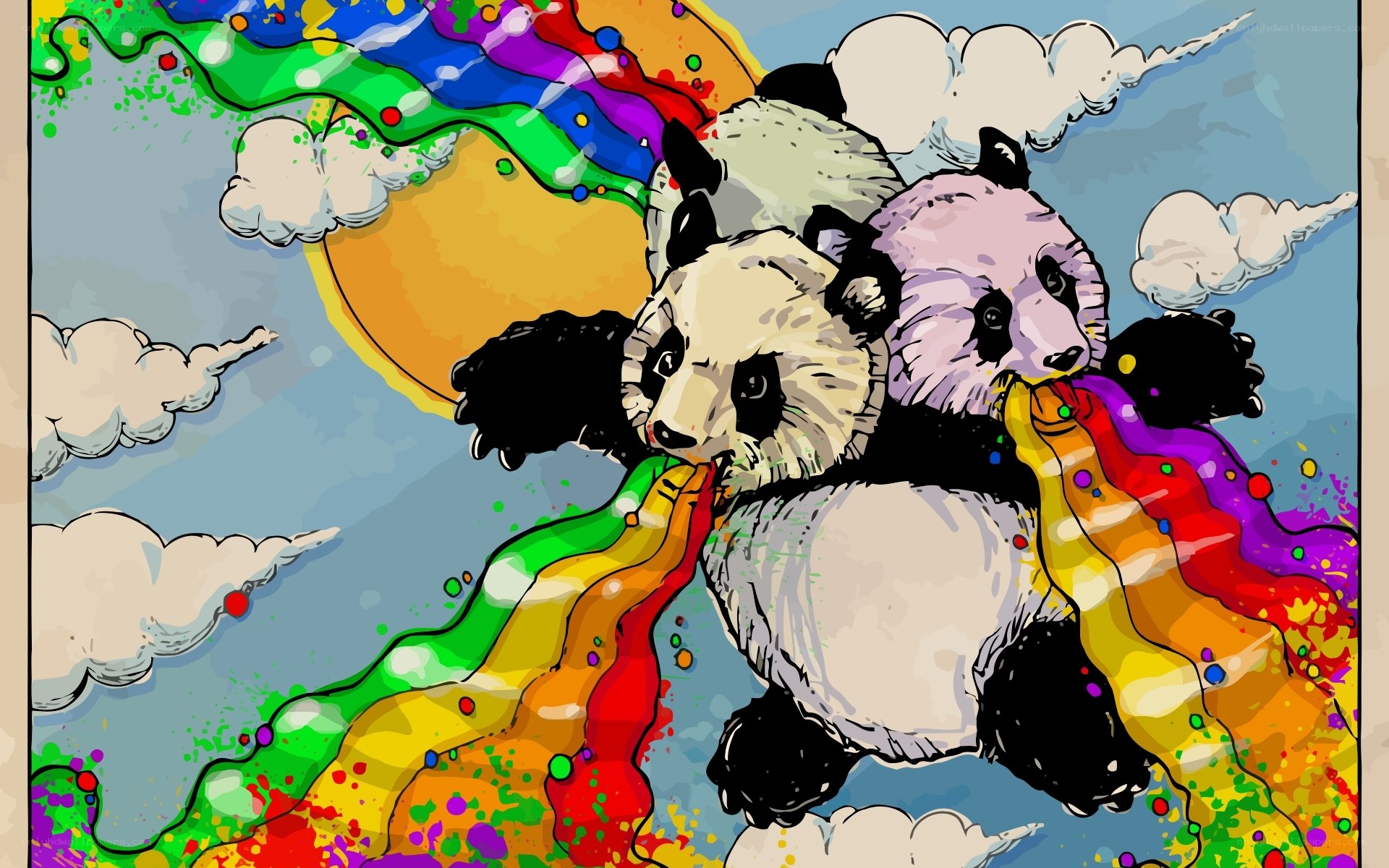 Pandas in a rainbow sky