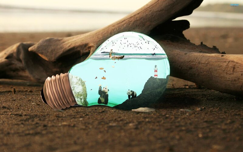 Pandas in Light Bulb — Brown, Dreamy, Sunset