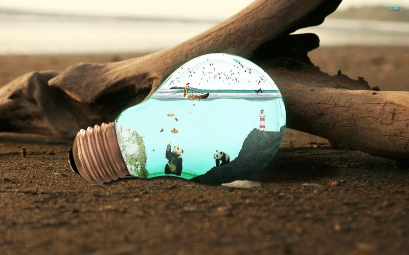 Pandas in Light Bulb — Brown, Serene, Sunset