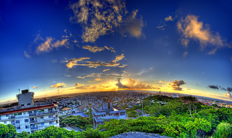 Panoramic city view at sunset
