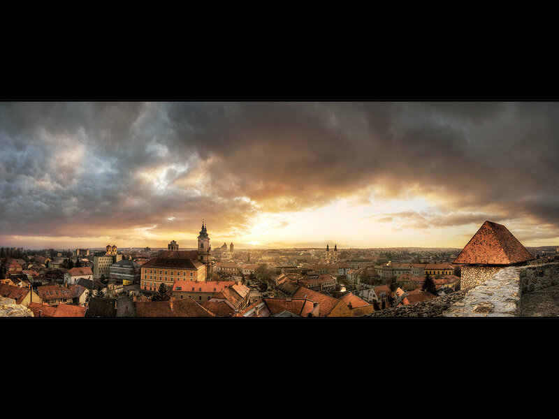 Panoramic cityscape at sunset