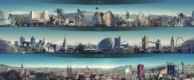 Panoramic cityscapes of LA London Barcelona