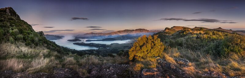 Panoramic lake view at dawn