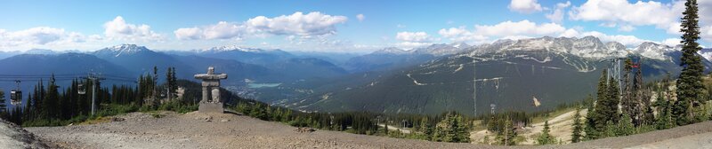 Panoramic mountain view with inukshuk