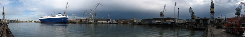 Panoramic view of a busy port