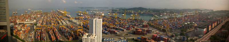 Panoramic view of a busy port