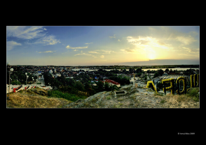 Panoramic view of a city at sunset