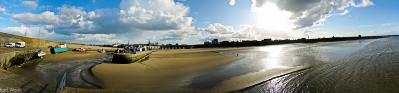 Panoramic view of a coastal harbor