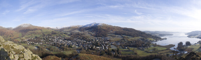 Panoramic view of a lakeside town