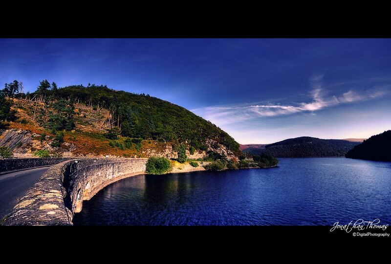 Panoramic view of a reservoir dam