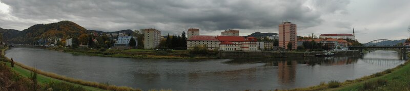 Panoramic view of a riverside town