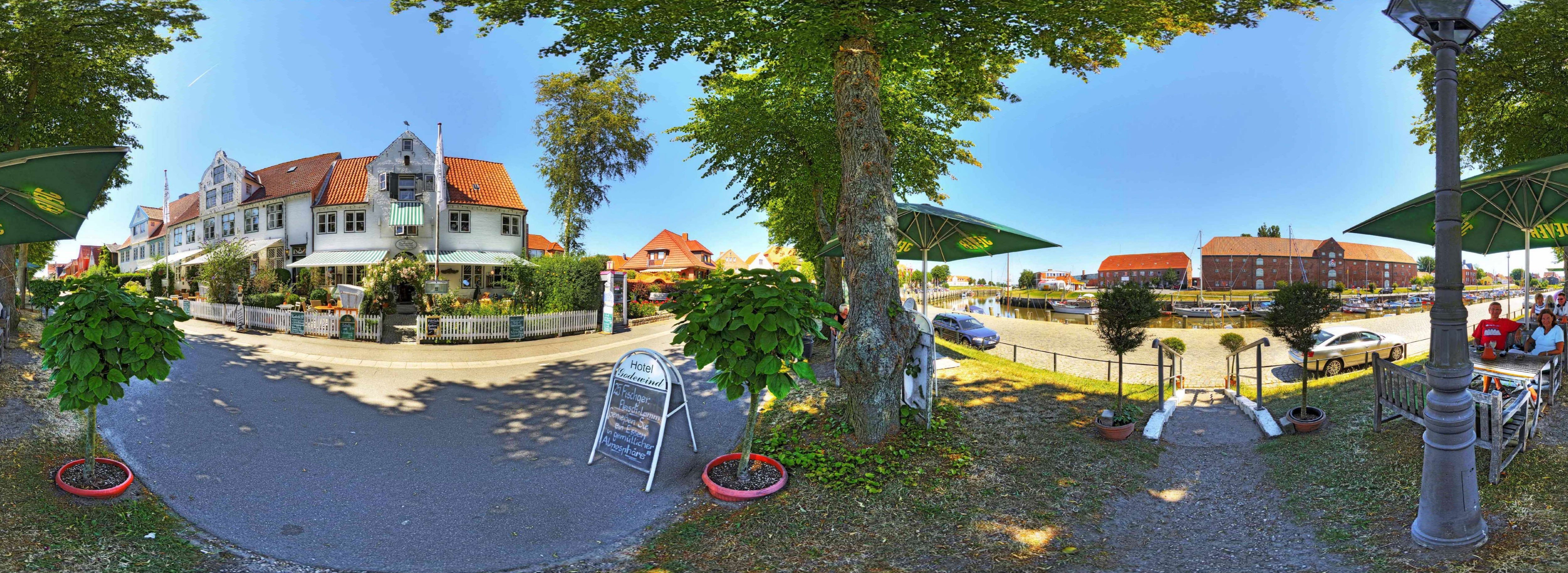 Panoramic view of a riverside town