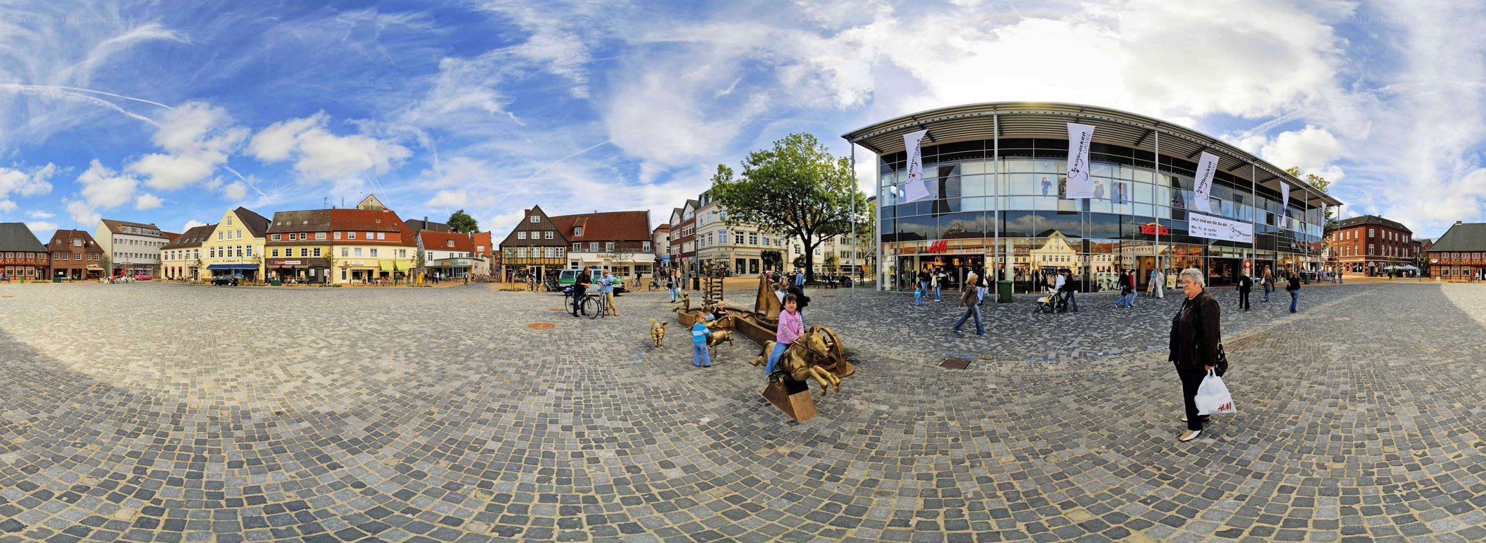 Panoramic view of a town square