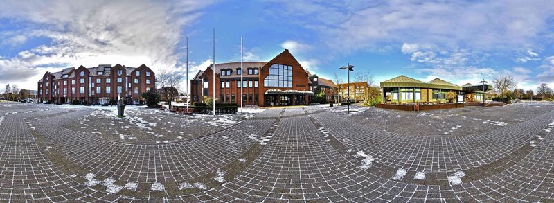 Panoramic view of a town square