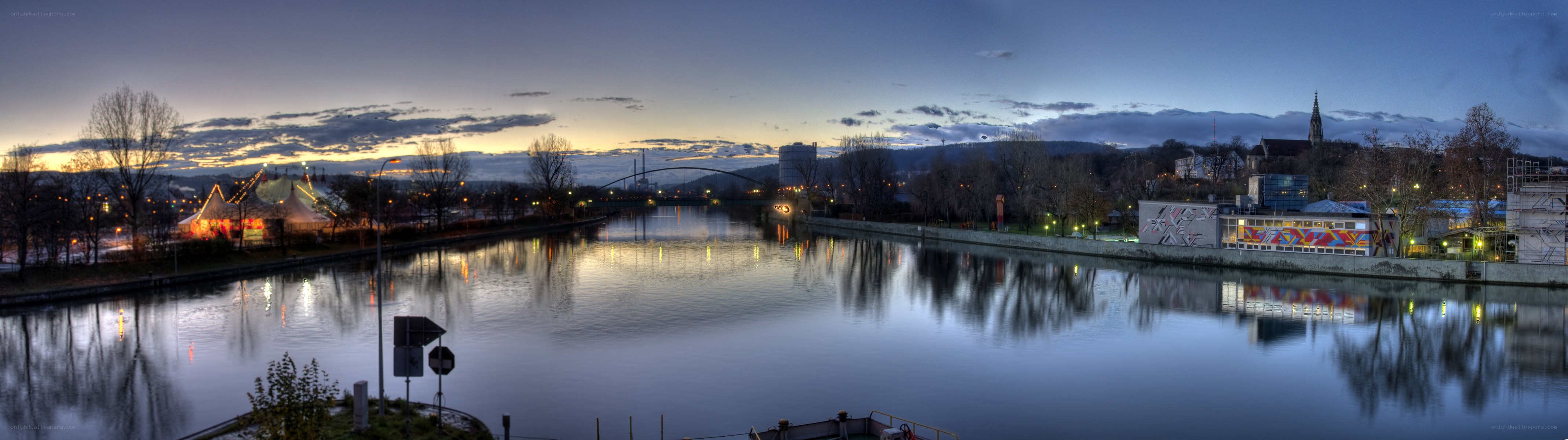 Panoramic view of river at dusk