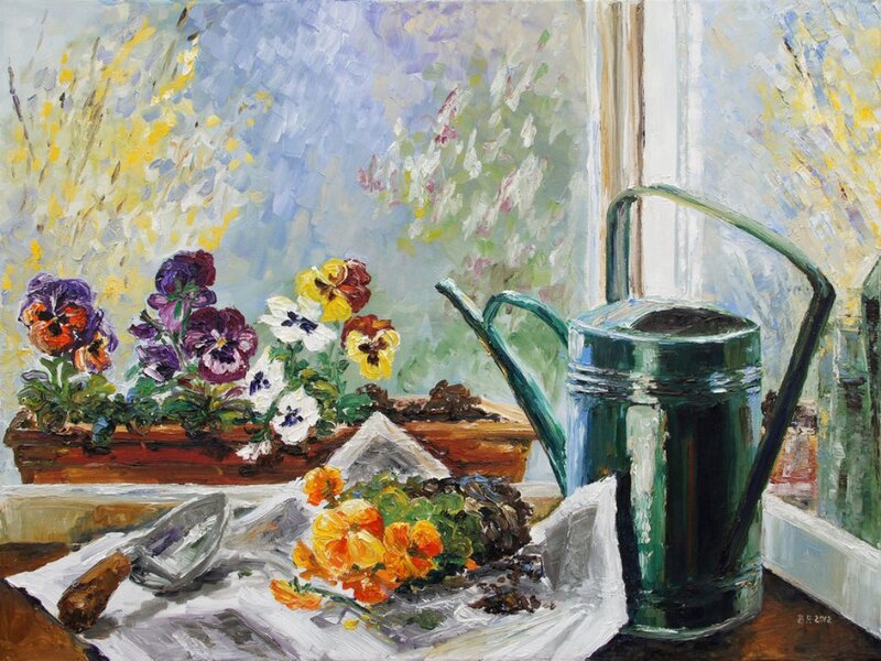 Pansy Flowers and Watering Can