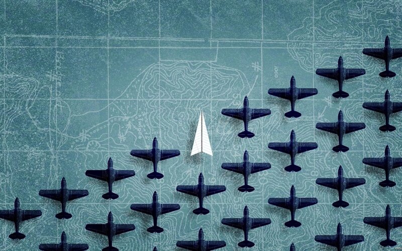 Paper Airplane Among Planes — Blue