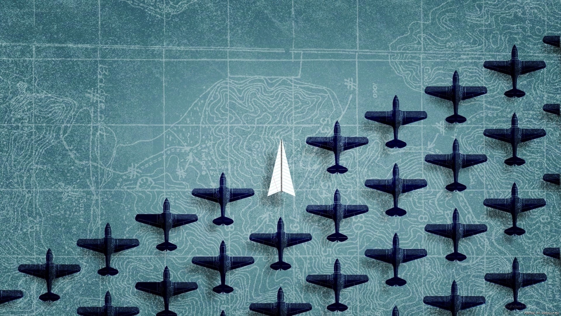 Paper airplane among planes