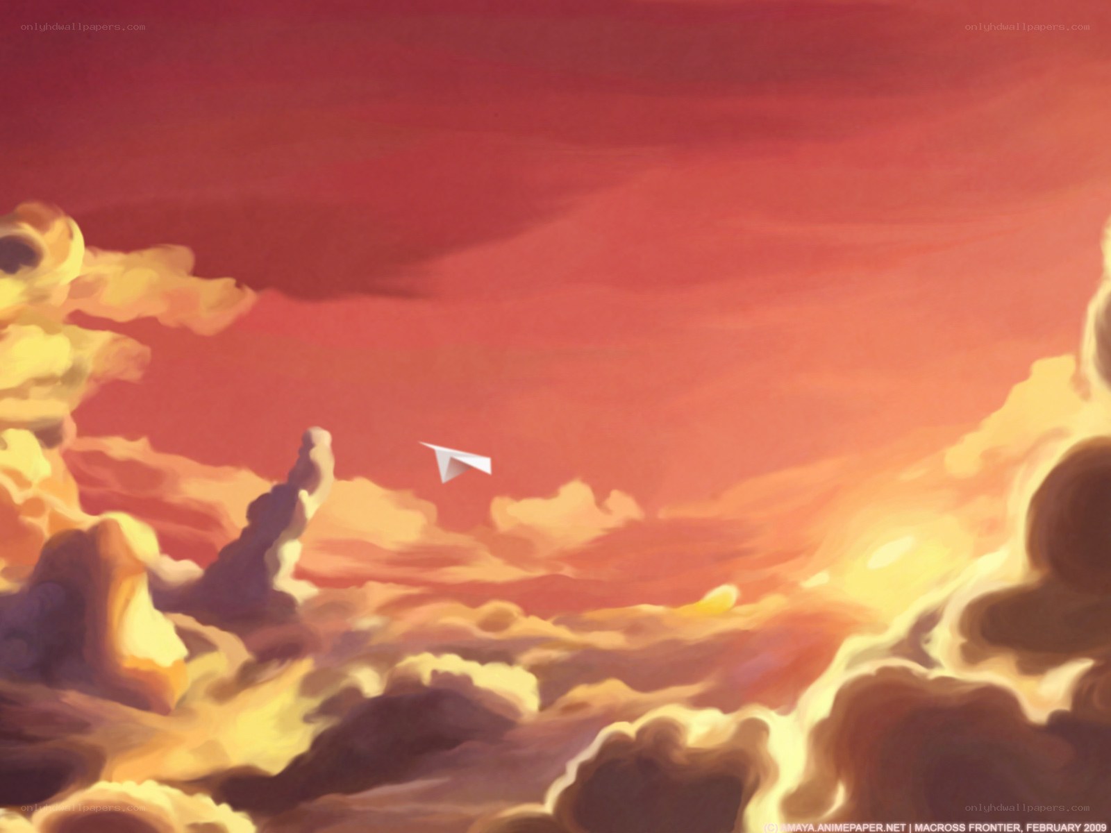 Paper airplane in sunset sky