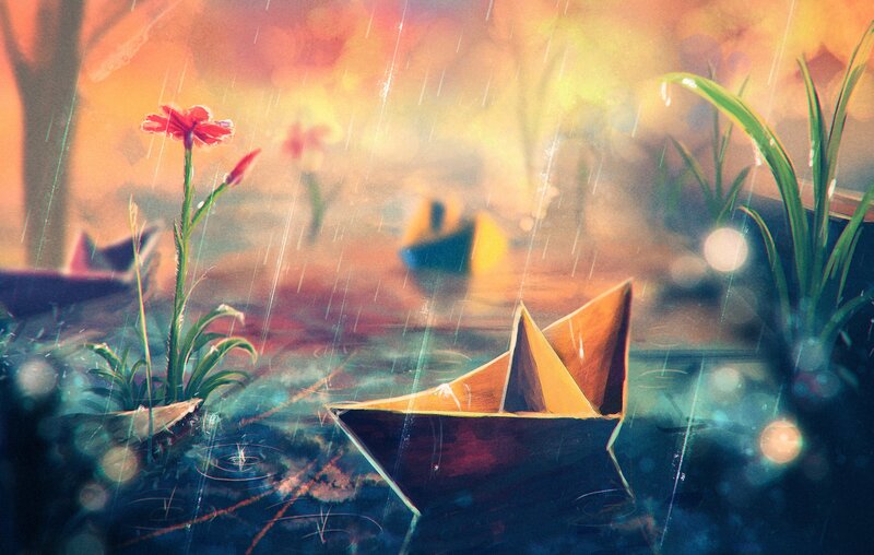 Paper Boat in Rain — Orange, Dreamy