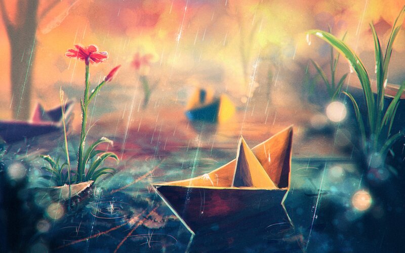 Paper Boat in Rain — Orange, Serene