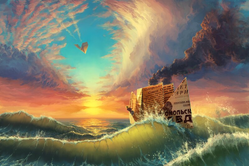 Paper Boat on Ocean — Blue