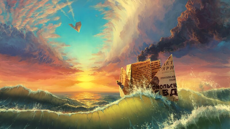 Paper Boat on Ocean — Orange