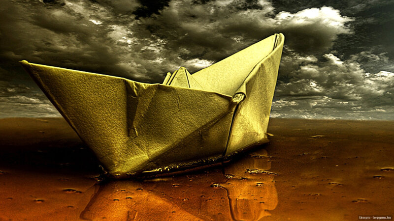 Paper Boat on Wet Sand — Brown, Dramatic