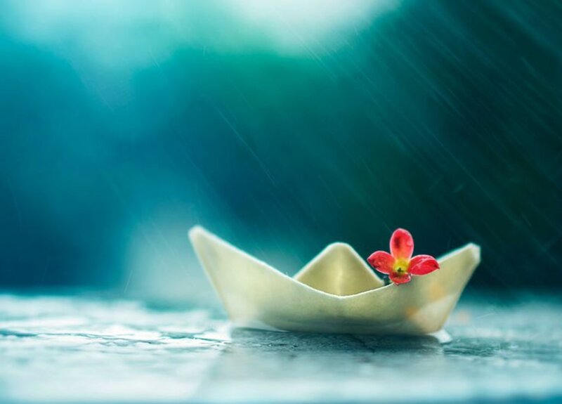 Paper Boat with Flower — Blue