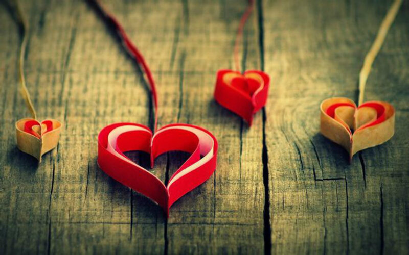 Paper Hearts on Wood — Red, Romantic, Photograph, Wooden Surface