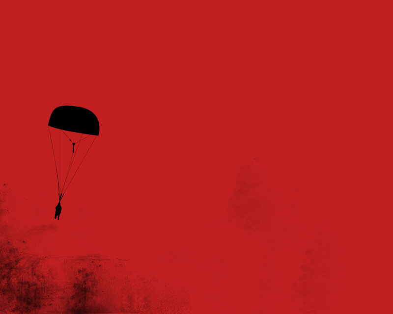 Parachute descent on red background