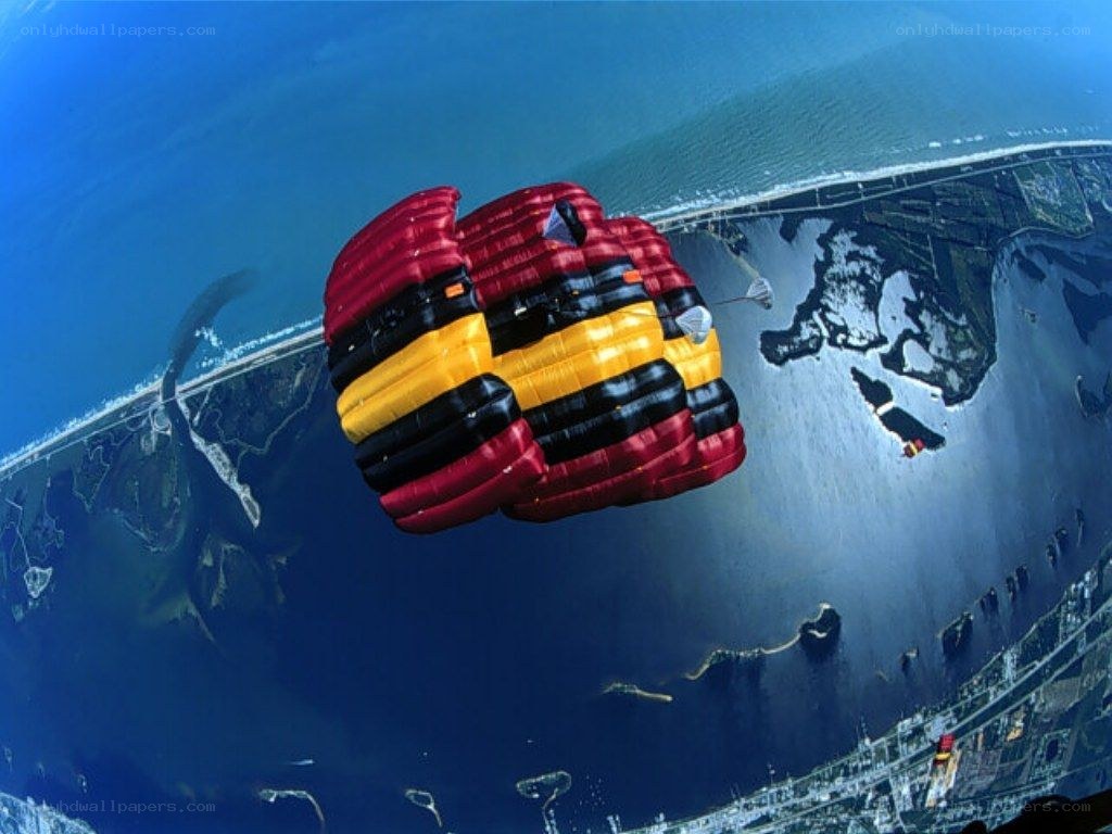 Parachutist over coastal area