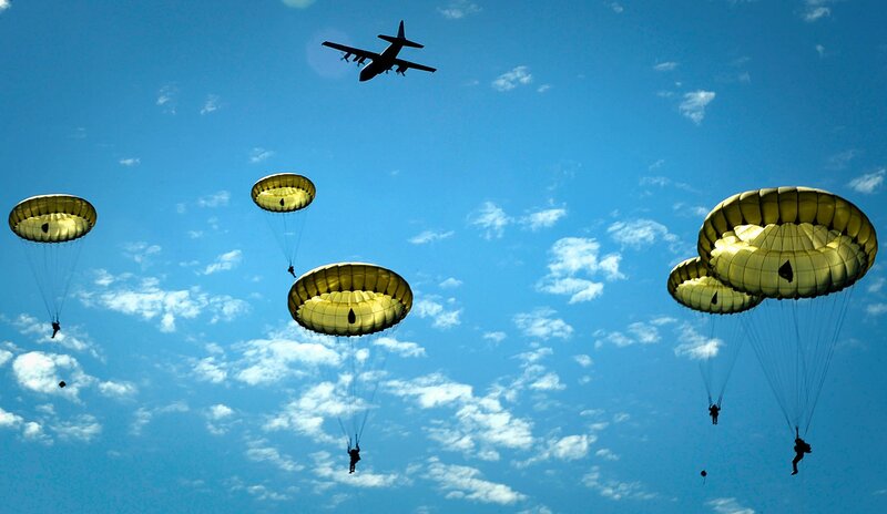 Parachutists Descending — Blue, Dramatic, Afternoon, Photograph, Airplane