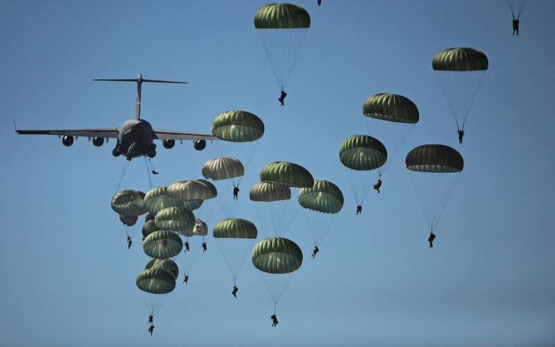 Parachutists Descending — Blue, Dramatic, Afternoon, Photograph